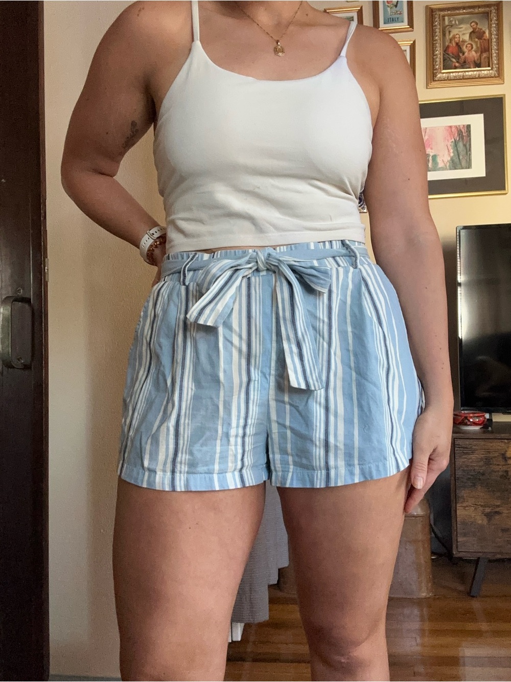 Forever 21 Light Blue and White Striped Tie-Waist Shorts